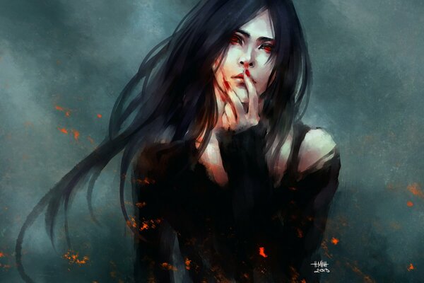 Dibujo de una chica con fuego y sangre