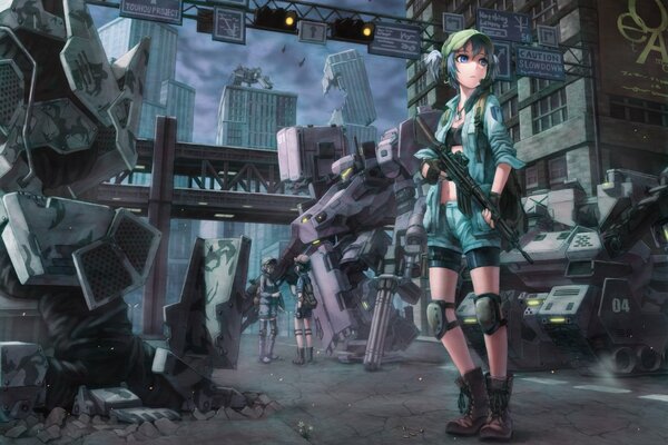 Anime girl among robots