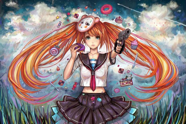 Red-haired girl among sweets with a gun in her hand