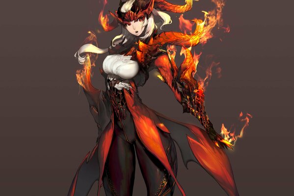 Девушка в огненном костюме и шлеме с рогами