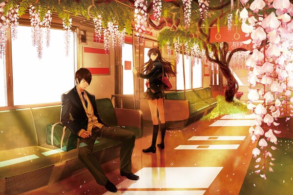 Anime pareja de colegialas en el vagón del metro