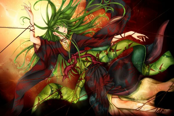 Арт девушки аниме кимоно ведьма с зелёными волосами