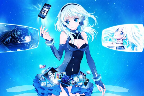 Anime chica con un IPhone en los auriculares sobre un fondo azul