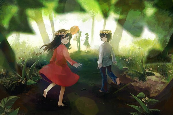 Anime wolf children in the forest