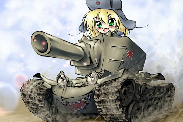 A girl rides on a kv-2 tank