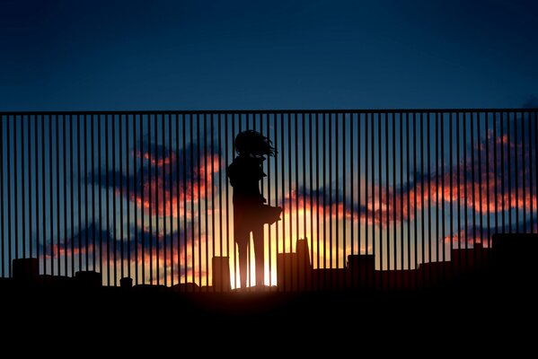 Девушка у забора в закатных лучах солнца аниме картинка