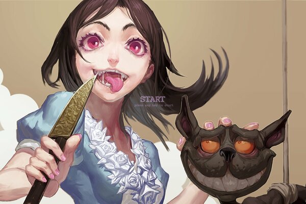 Alice folle au pays des merveilles avec un chat et un couteau