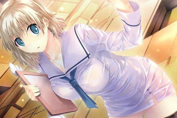 Anime, blonde aux yeux bleus en mini robe avec cravate