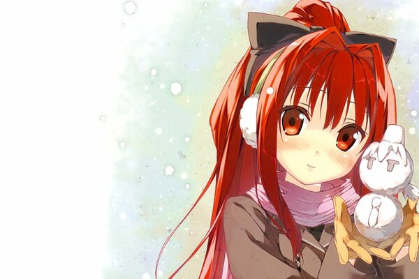 Anime Mädchen im Winter mit Schneemann