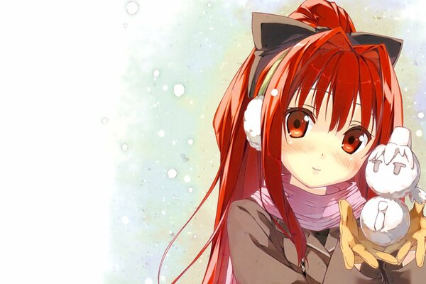 Chica anime invierno con muñeco de nieve