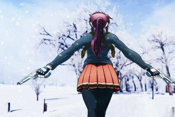 Anime chica con pistolas en un campo cubierto de nieve