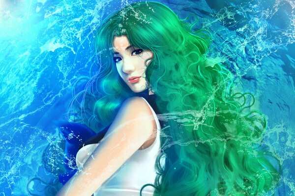 A girl with green hair on a background of blue water