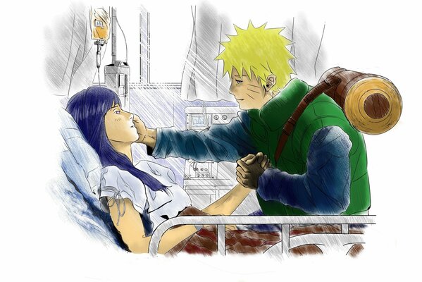 Naruto-Bild im Krankenhaus mit einem liegenden Mädchen und einem nebeneinander sitzenden Kerl