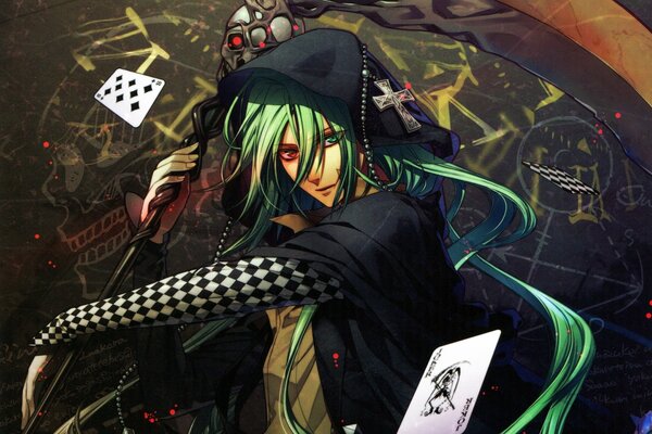 Anime guy with a scythe among the cards