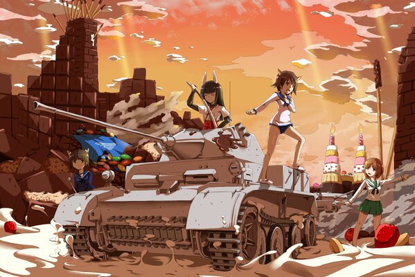 Assault witches on an anime-style tank