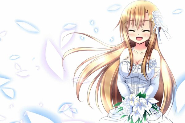 Asuna in a white dress with a bouquet