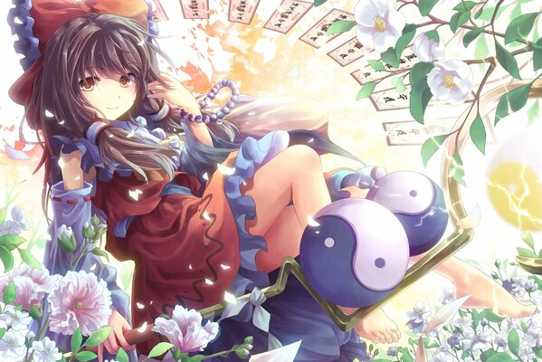 Chica de anime con un arco en la cabeza en el fondo de las ramas de manzana florecientes arte