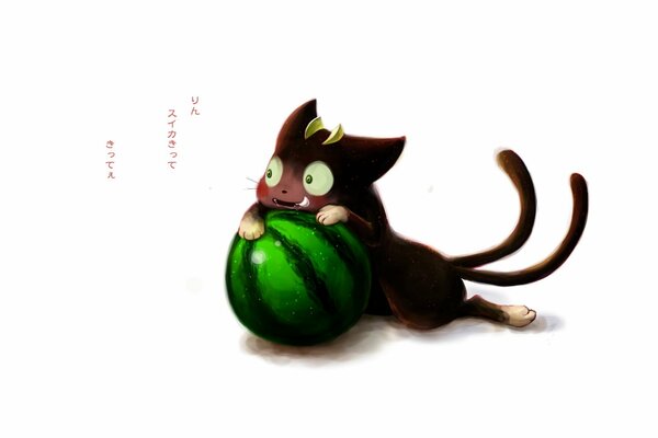 Demonic cat with watermelon on a white background