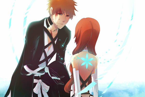 A guy with a katana and a girl in a white dress, anime