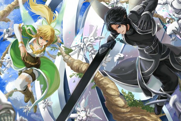 Guy and girl battle with enemies kirito leafa