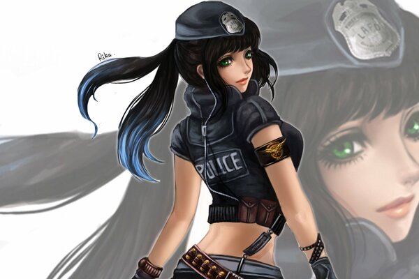 Chica de anime con uniforme de policía y auriculares