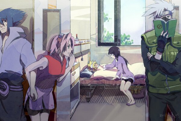 Sasuke, Sakura y Kakashi visitan a Naruto en el hospital