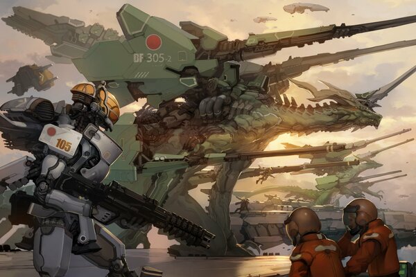 Image du dragon et des robots avec des armes