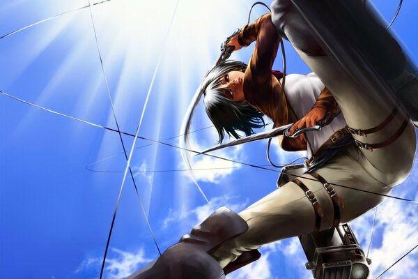 Fille Mikasa avec des épées attaque sur les Titans