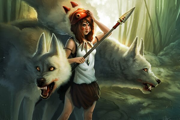 Арт принцессы Мононоке с волками в лесу