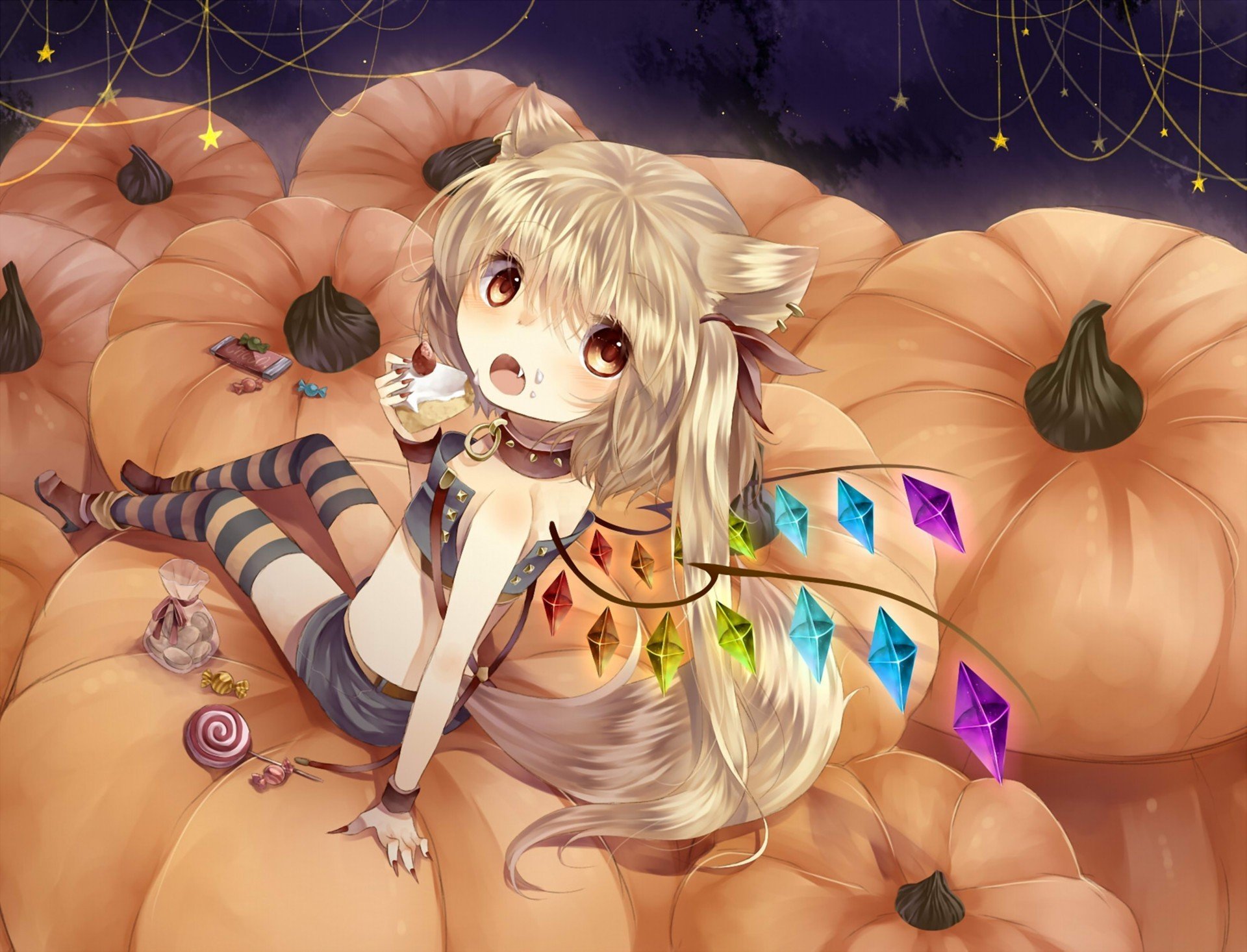 kunst tepes touhou flandern scarlet halloween kürbisse süßigkeiten süßigkeiten stück kuchen ohren schwanz christellen flügel