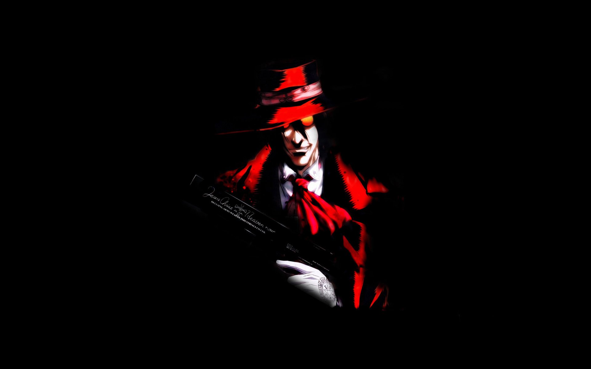 guy alucard vampire smile sunglasses coat hat glove weapon black background hellsing