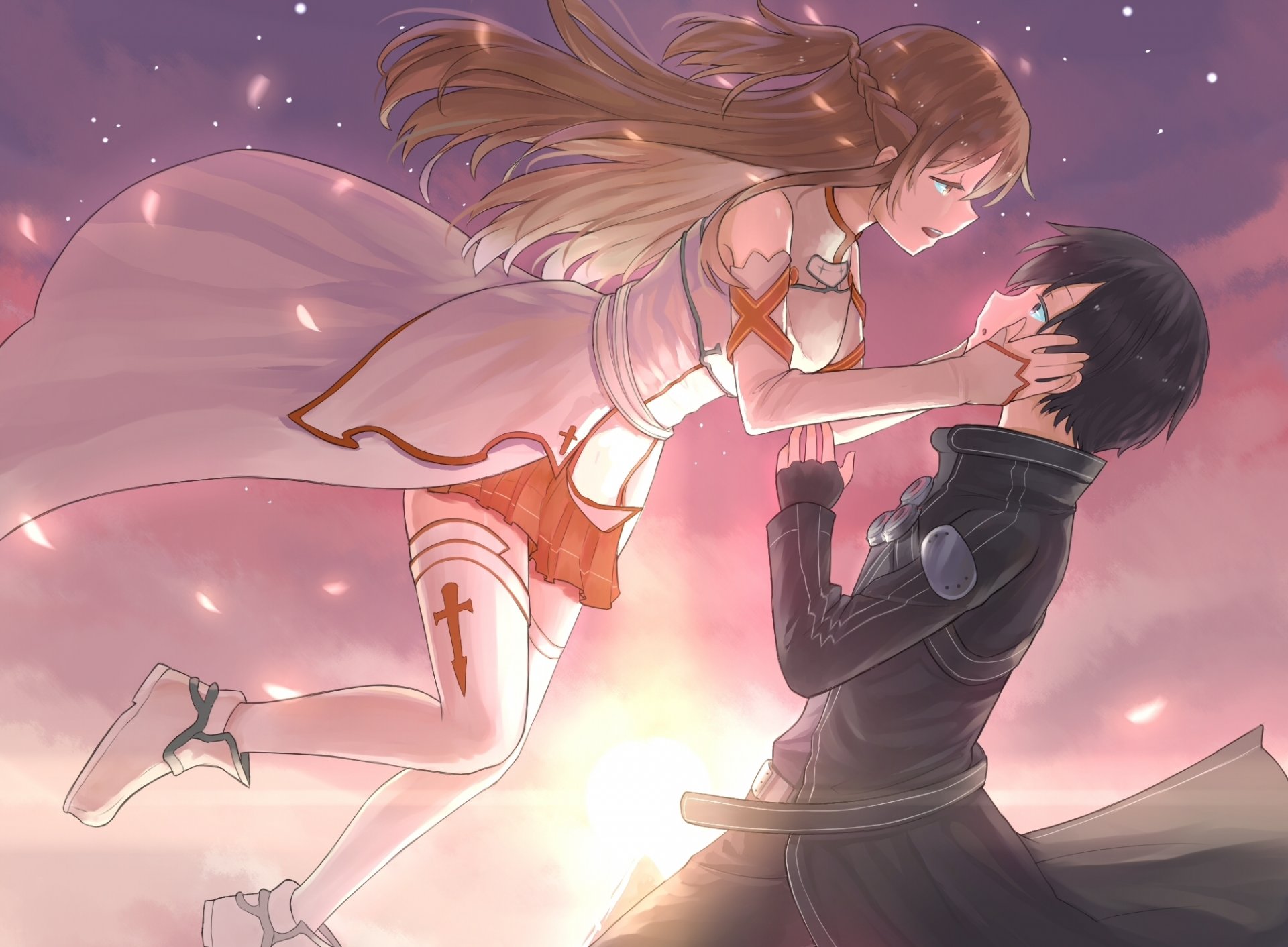 art tony zhazha anime sword art online yuuki asuna kirito girl guy two fall sunset sky clouds petal