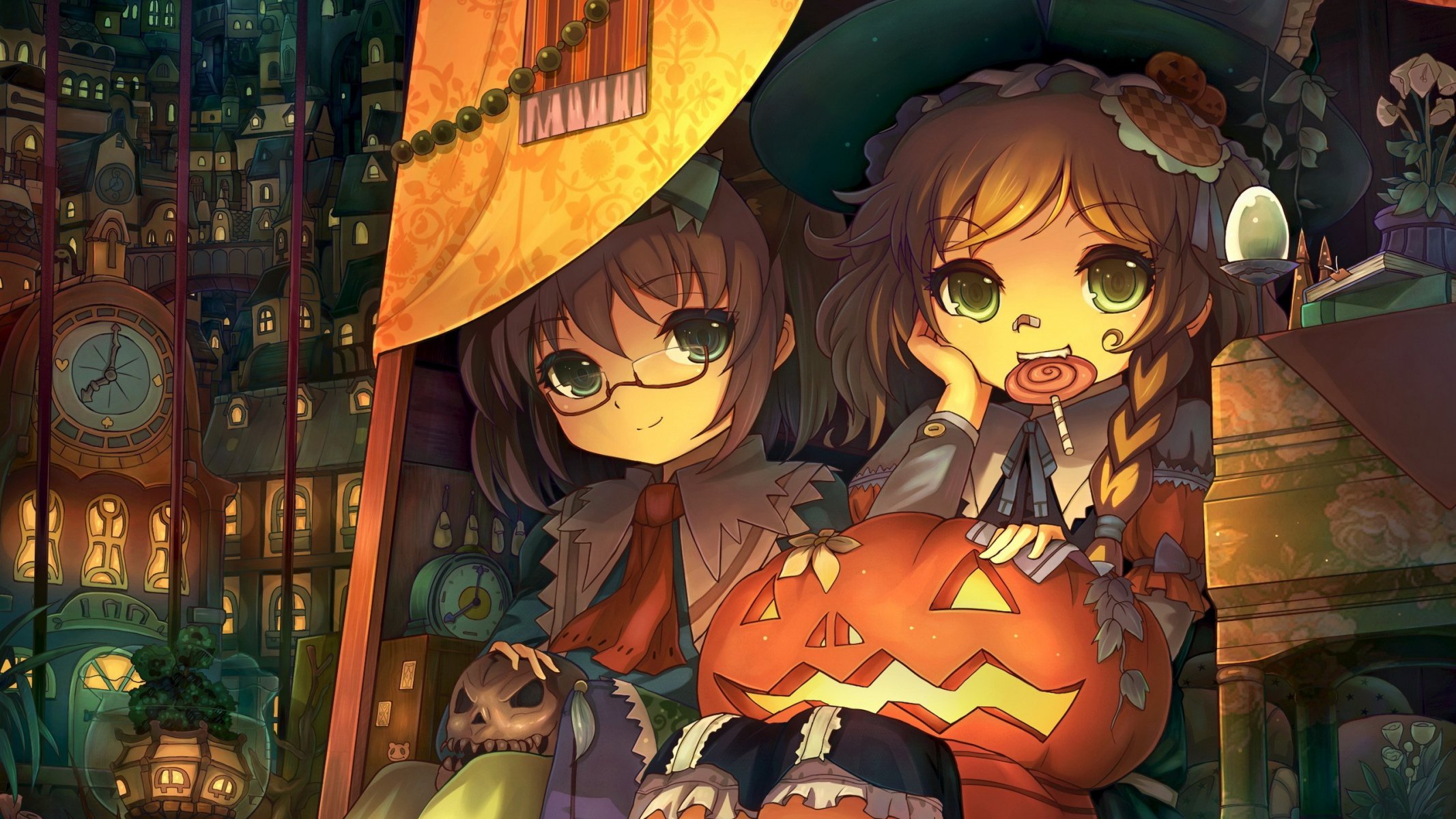 art touhou dziewczyny lizak miasto czaszka dynia halloween okulary kapelusz