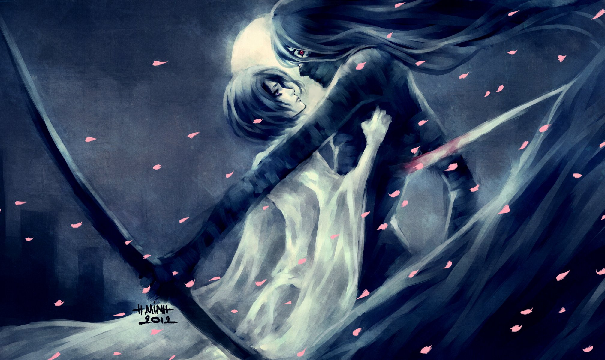 art nanfe eau de javel ichigo kurosaki kuchiki rukia fille garçon pétales lune nuit