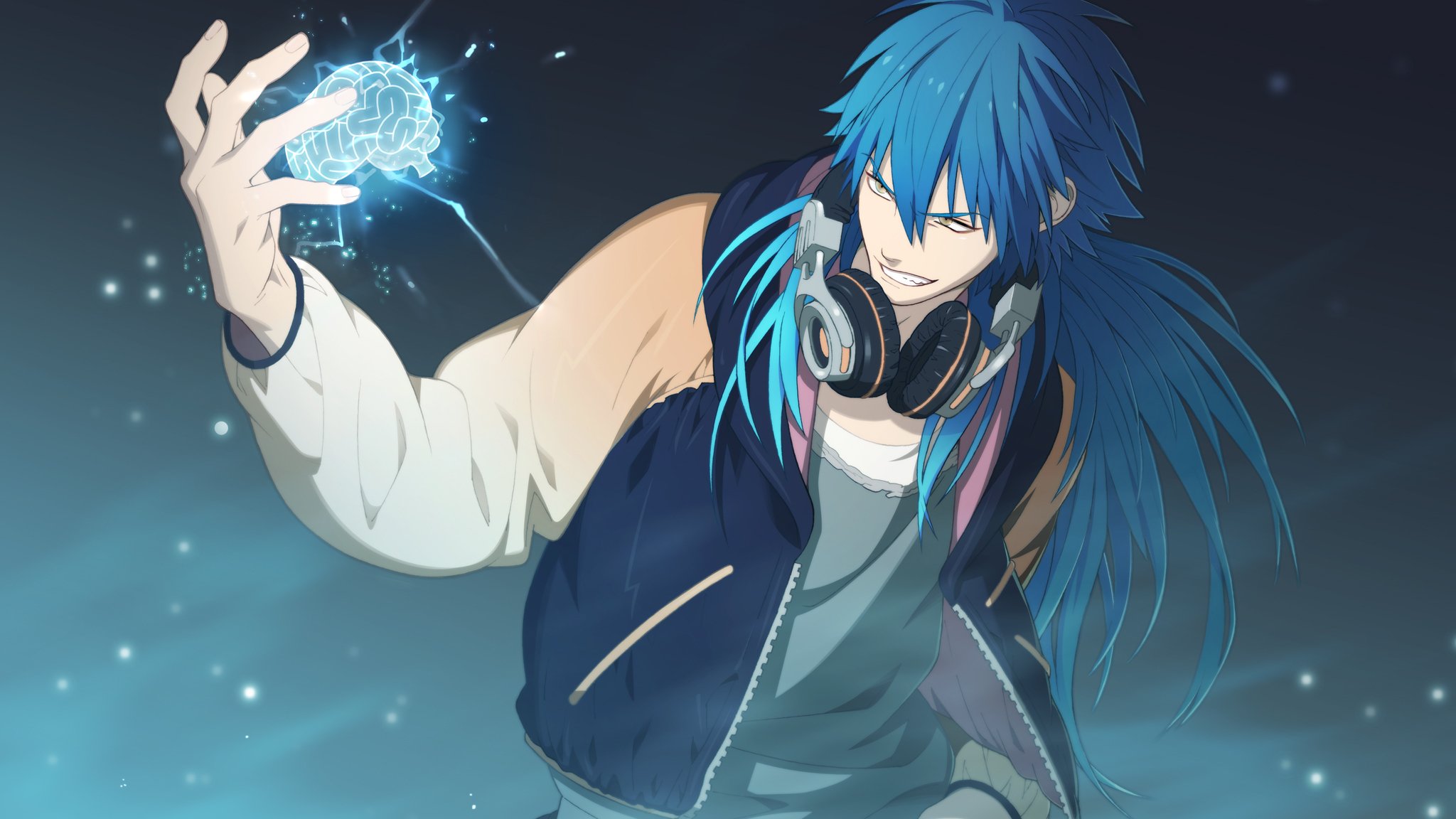 anime cerebro auriculares novio asesinato dramático pelo azul