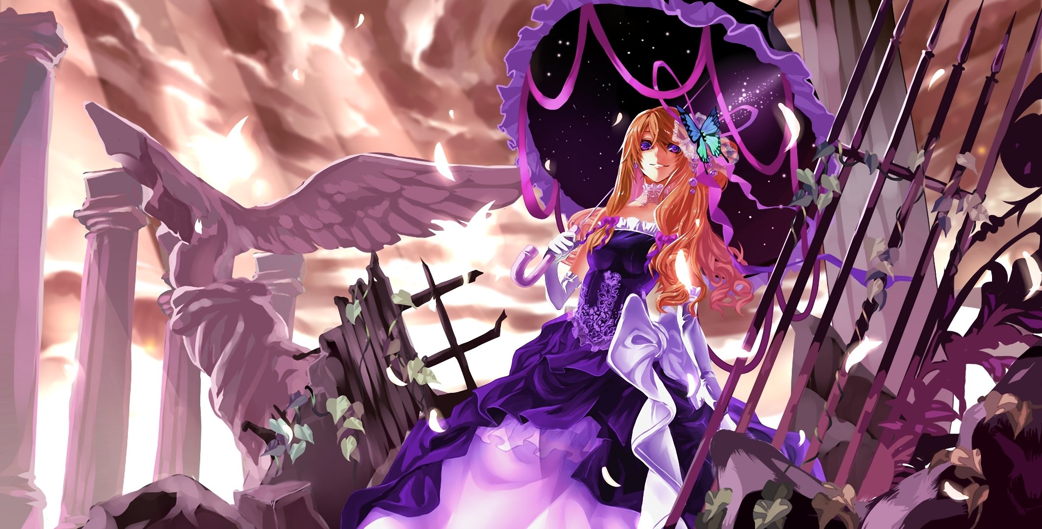 art karlwolf touhou yakumo yukari girl dress umbrella umbrella butterfly columns ruins statue