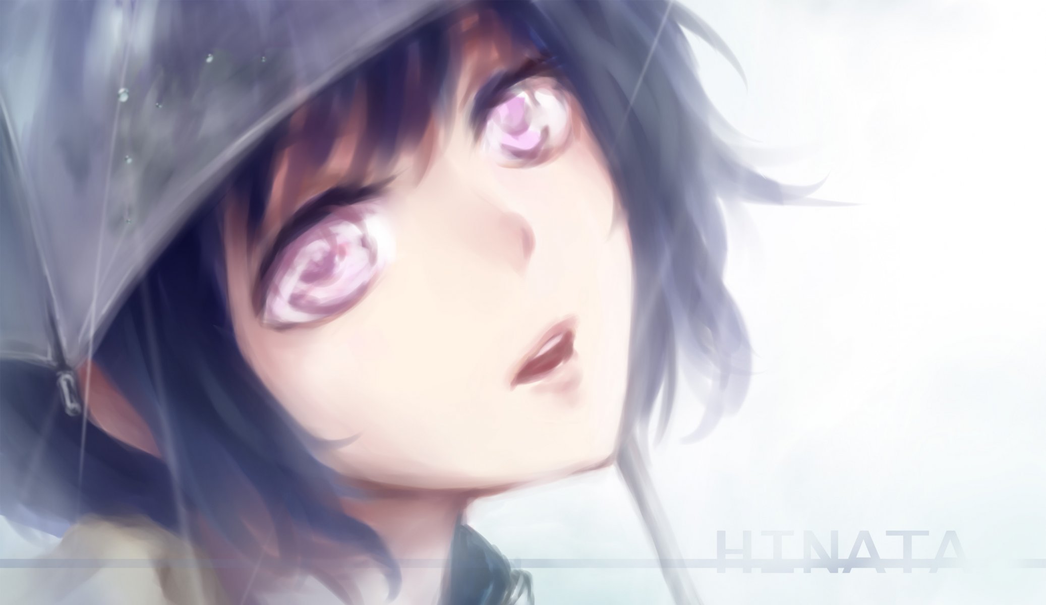 mochaaoi naruto hyuuga hinata girl short hair blue hair purple eyes open mouth umbrella inscription