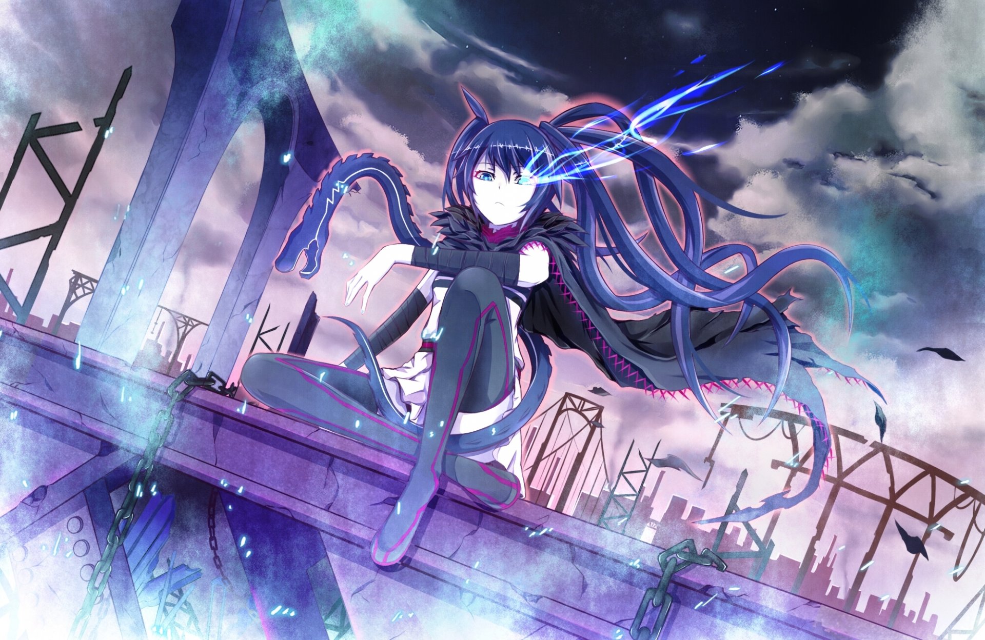 black rock shooter mato kuroi ragazza capelli lunghi seduta