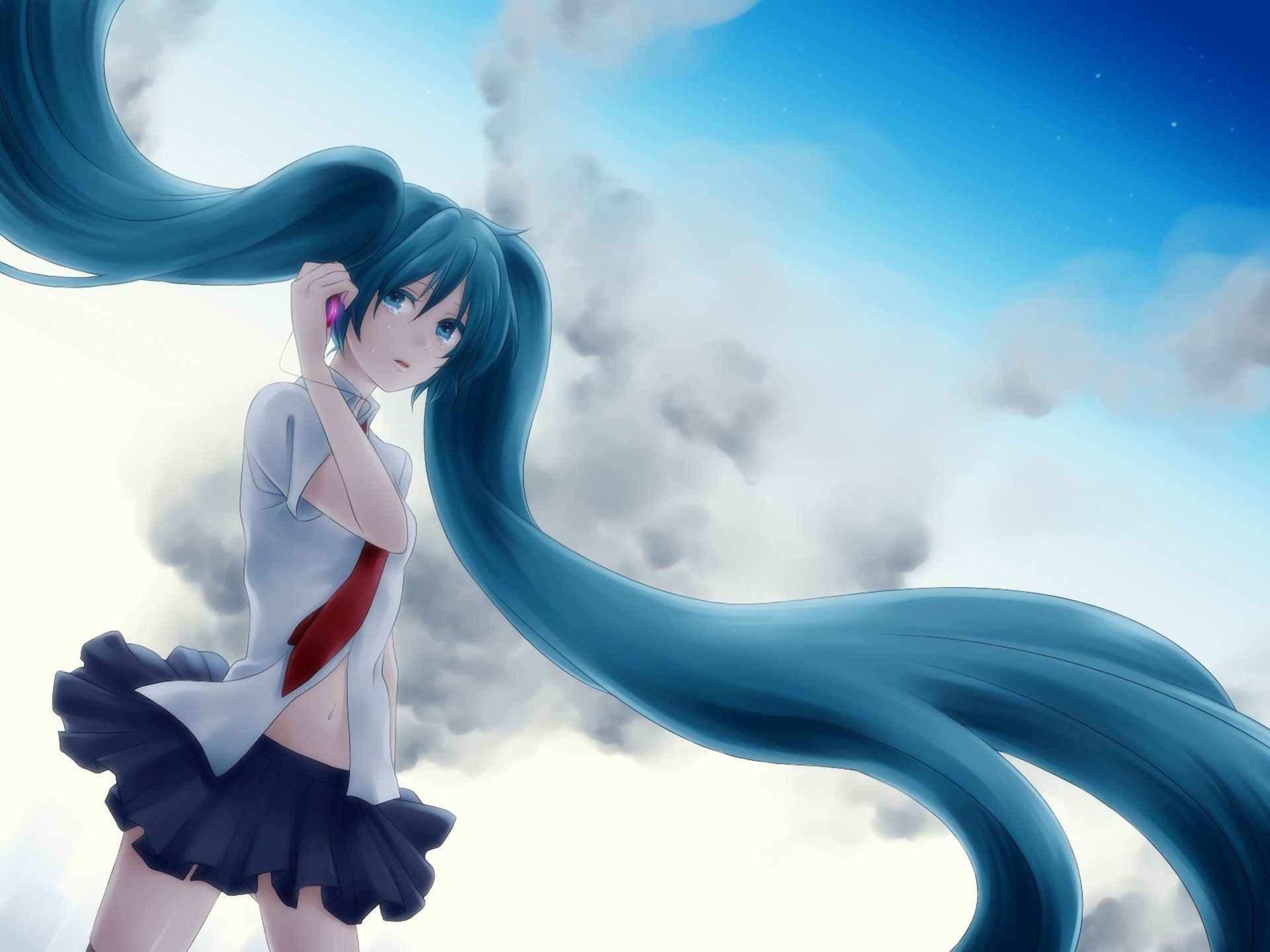 vocaloid vocaloid hatsune miku larmes nuages ciel queues téléphone mobile