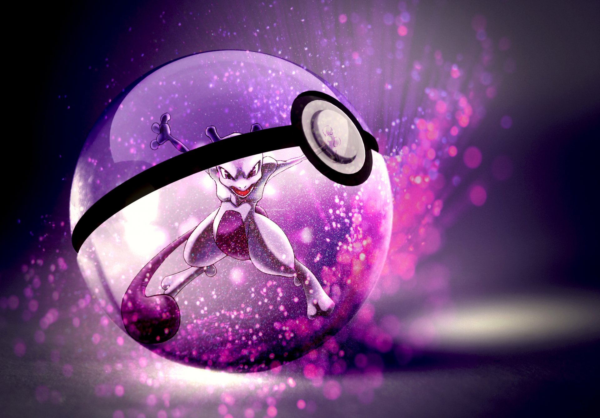 pokemon mewtwo rote augen offener mund schwanz pokeball