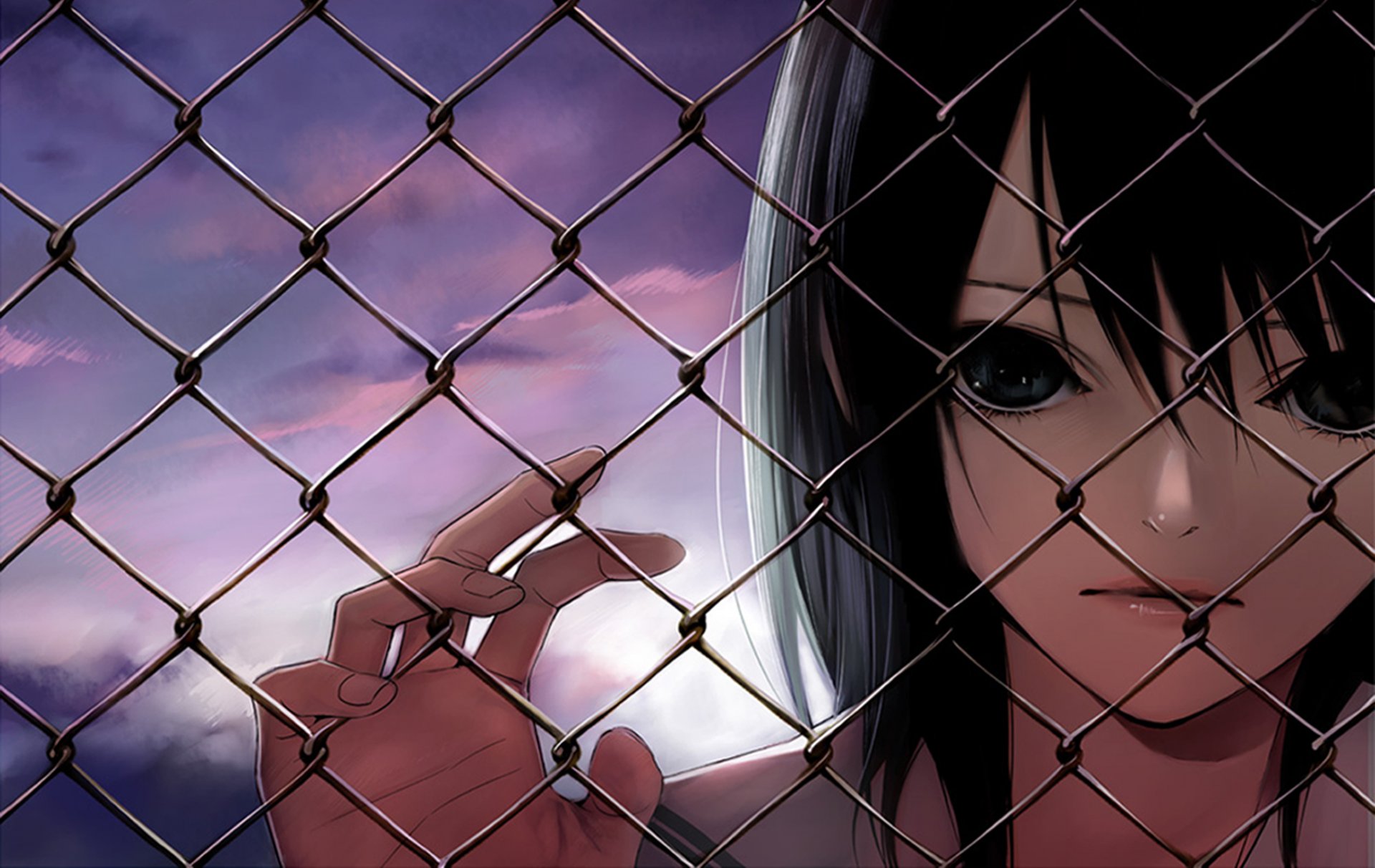 girl black hair chain link fence fence night