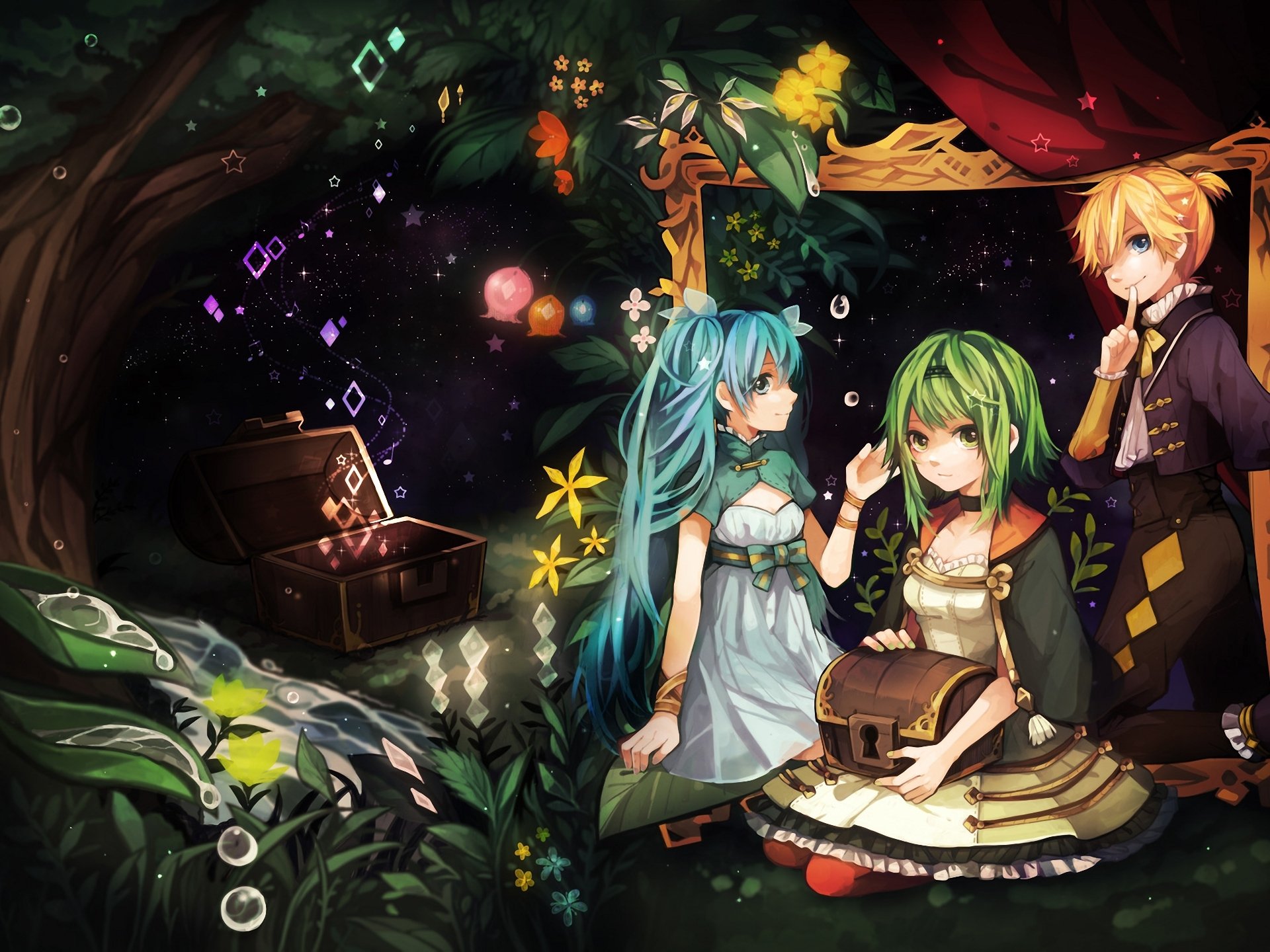 arte tama vocaloid gumi hatsune miku kagamine len niñas cofre árbol flores