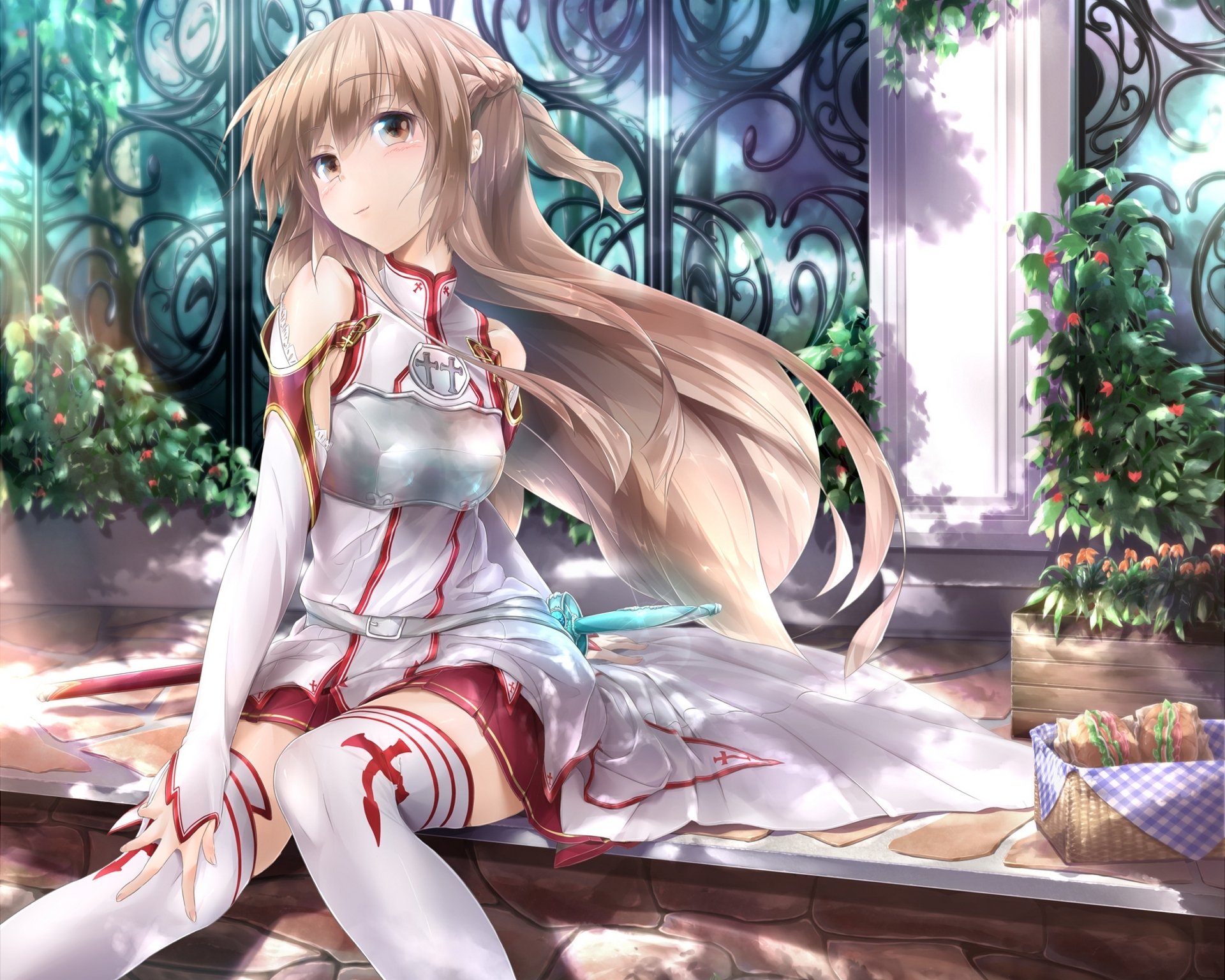 spada arte online yuki asuna ragazza vestito cestino cibo fiori