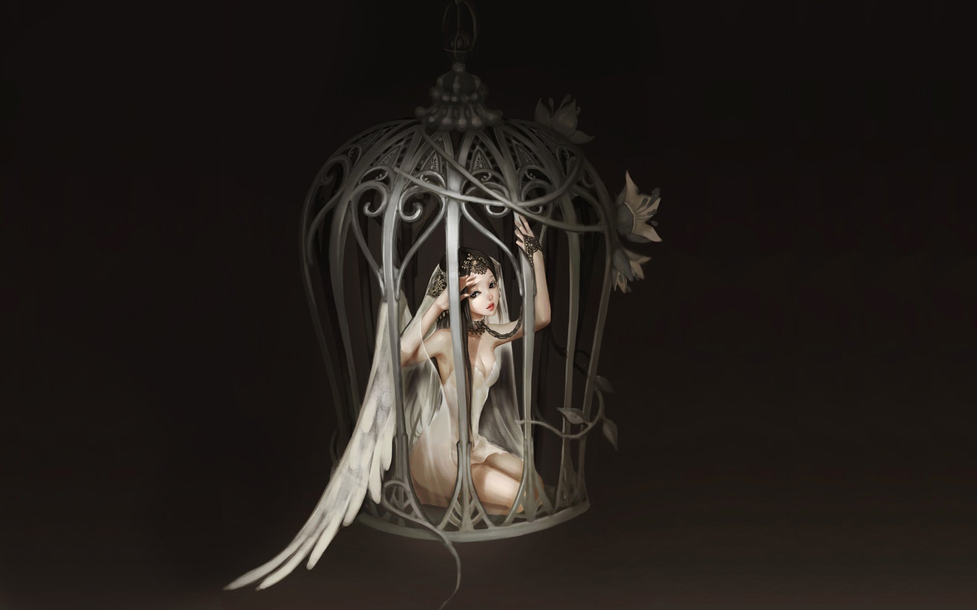 art bodo1983 ange fille cage ailes chaîne fleurs