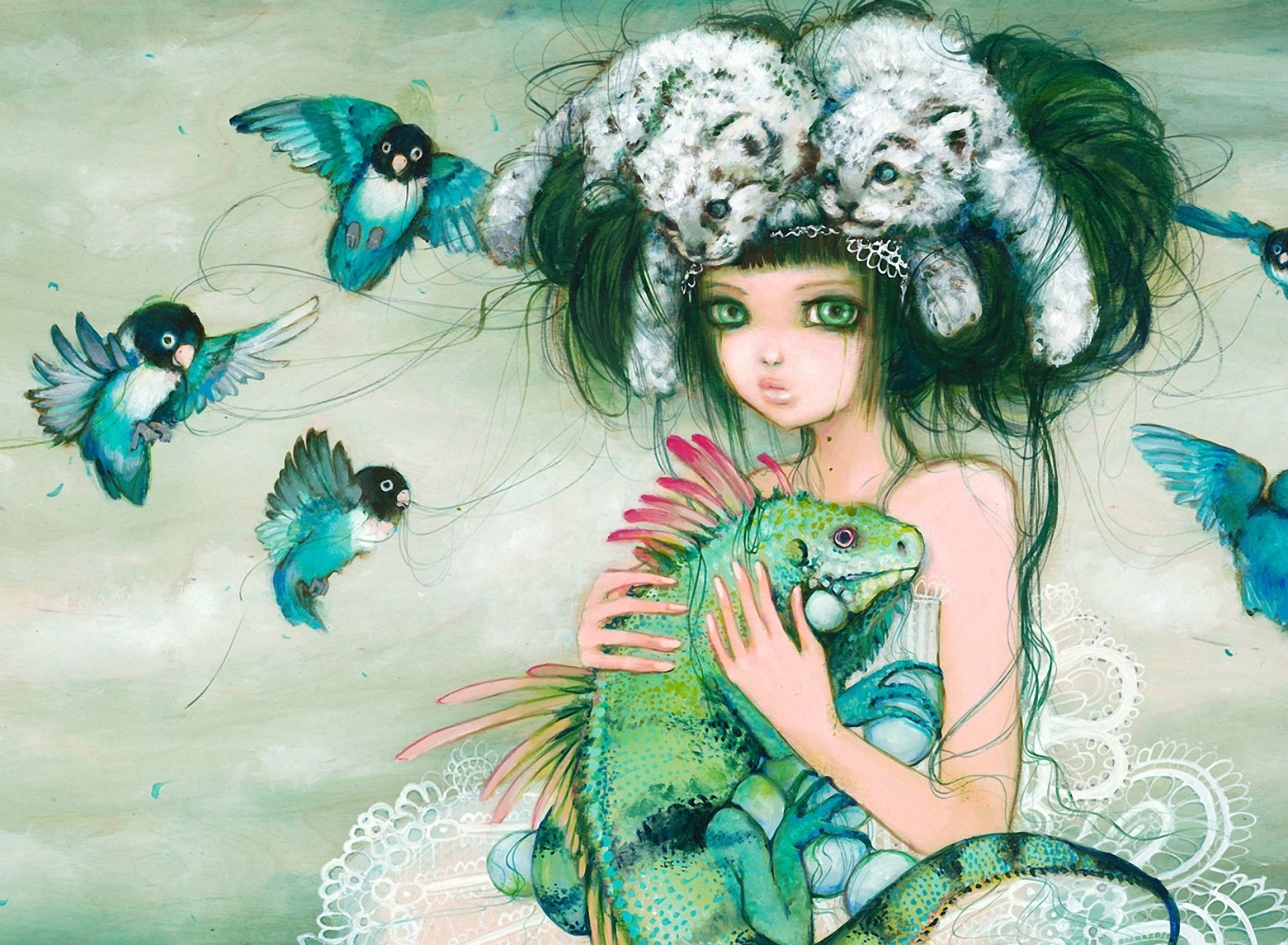 art camilladerrico girl hair style birds lovebird parrots cubs iguana lizard fantasy