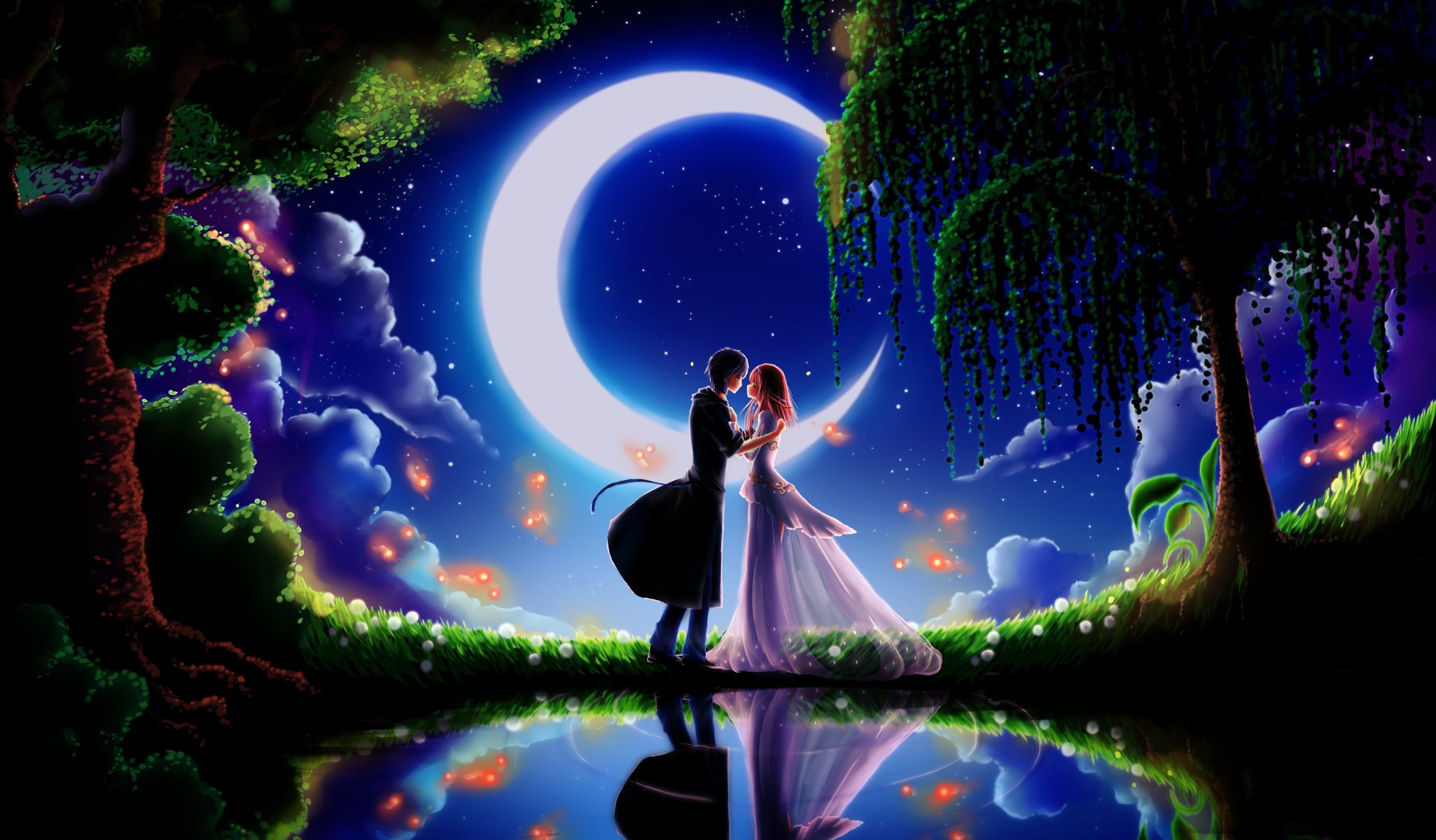 art nuit lune deux couple amour date garçon fille arbres lac fleurs mois lucioles nuages pissenlits