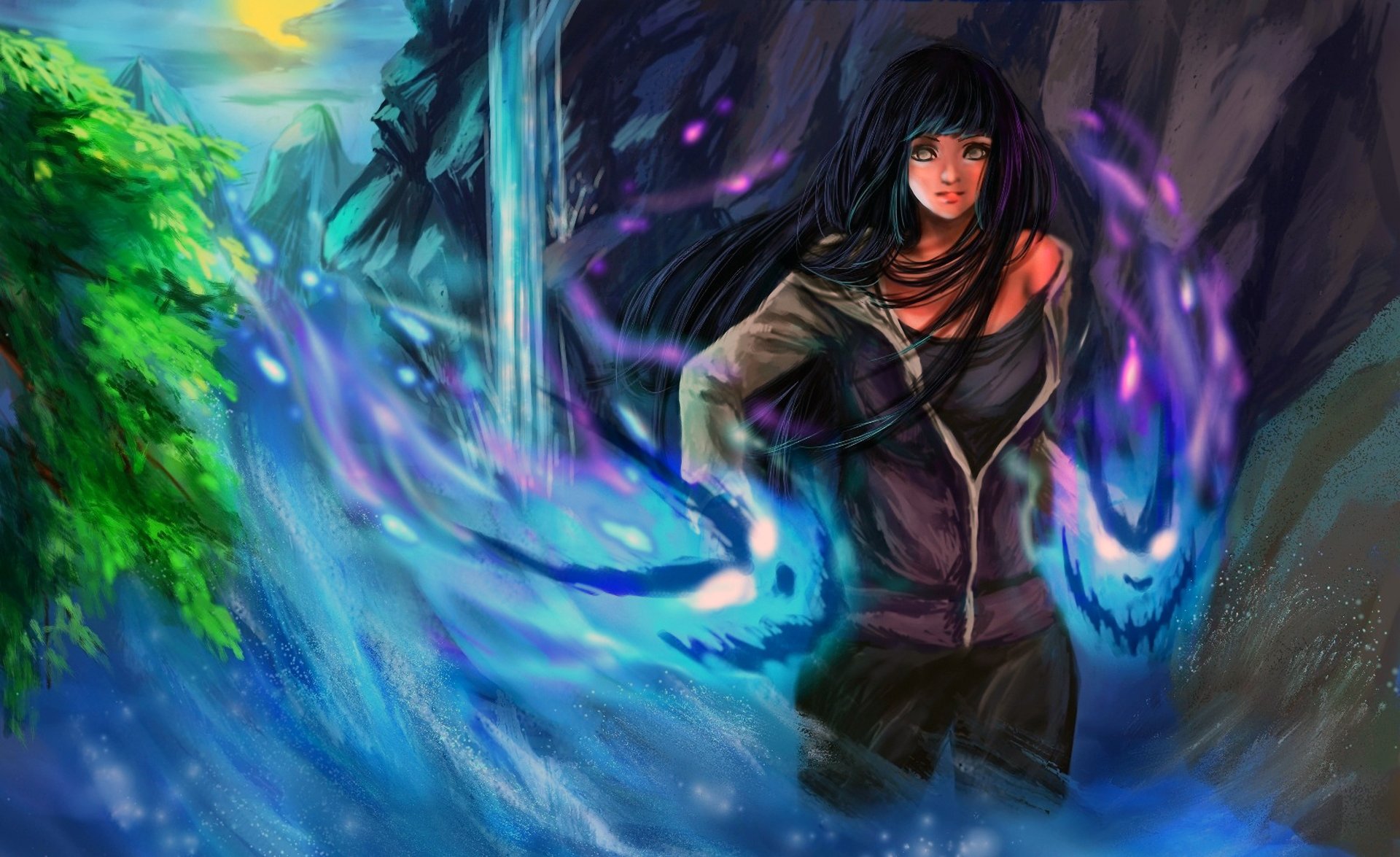 arte rikamello naruto hyuga hinata chica agua cascada árbol magia espíritu