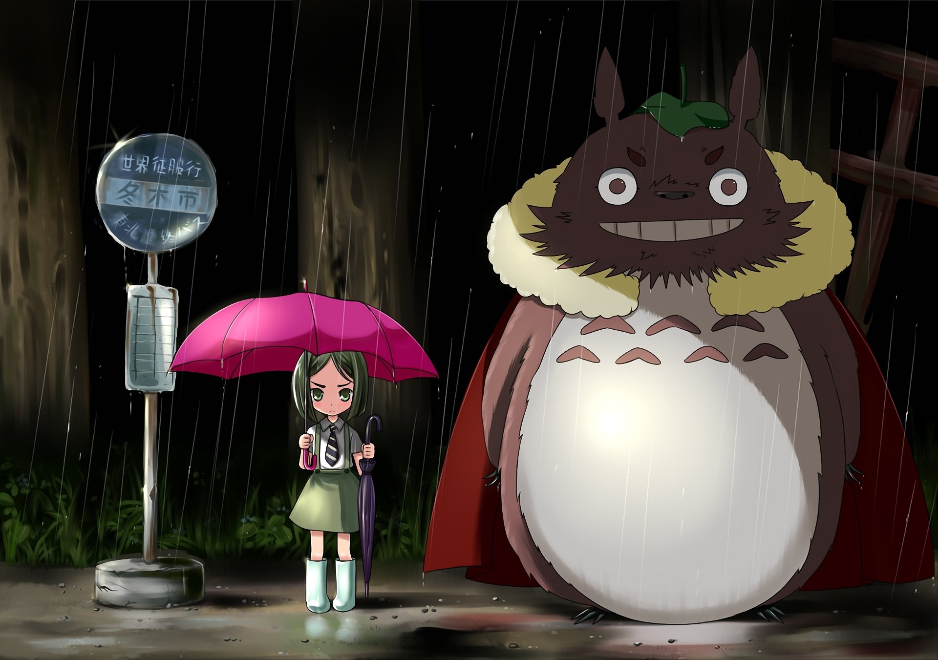 mon voisin totoro pas tonari pas totoro pluie arrêt fille parapluie parapluie rose nuit