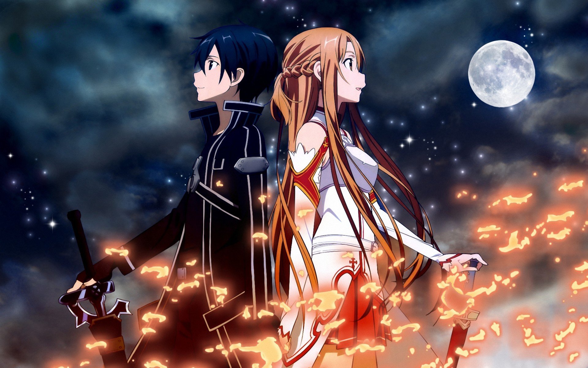 asuna kirito sword art online girl guy sword weapon night fire moon