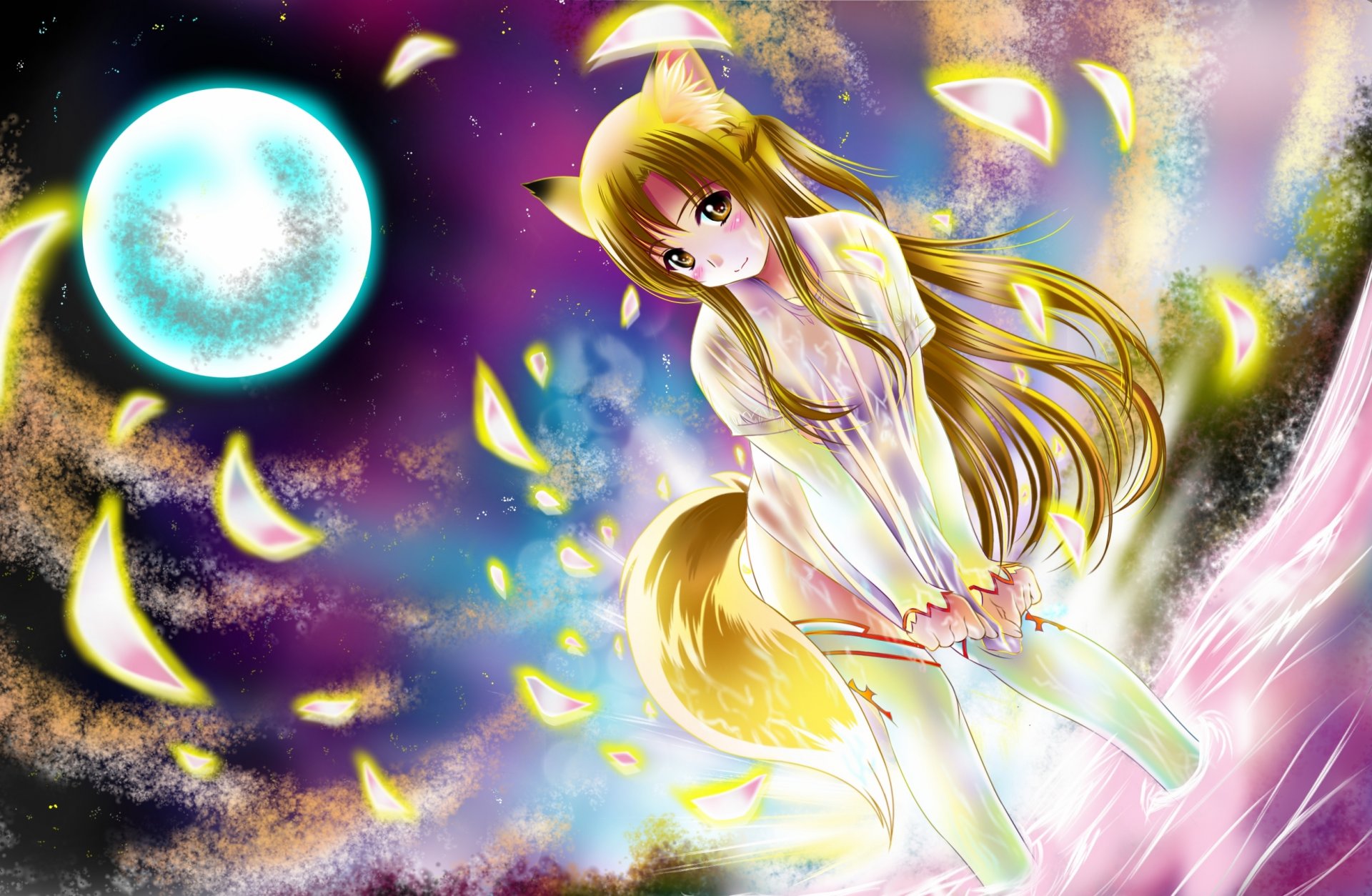 arte aka kitsune anime spada arte online yuki asuna ragazza notte luna orecchie cielo petali calze coda natura acqua